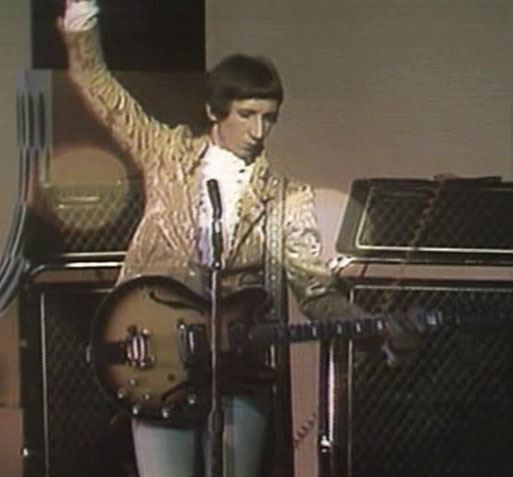 15 Sept. 1967, on the Smothers Brothers show, miming through two short-lived U.S. Thomas Organ (Vox) Super Beatle amplifiers.