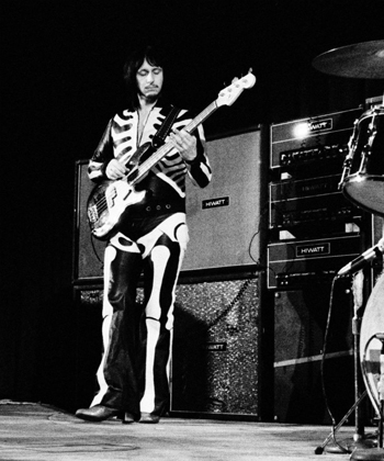 20 Sept. 1970, Falkoner Centeret, Copenhagen, with four Hiwatt SE4123 4×12s and three Hiwatt CP103 amplifiers, playing late ’60s black Fender Precision Bass with rosewood fingerboard.