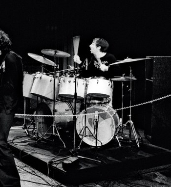 Gold-colored kit, 14 Feb. 1974, the Rainbow Theatre, London, as The Intergalactic Elephant Band for Roy Harper’s Valentines’ Day concert.