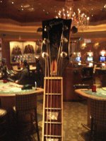 #9 Cherry Sunburst 1975 Gibson Les Paul Deluxe from 1976–79 series, on display at the Hard Rock Hotel, Las Vegas, Nevada. Photo courtesy Lorne Mitchell.