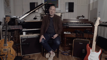 Ca. 2016, Pete at his studio promoting the Fender Custom Shop Limited Edition Pete Townshend Stratocaster®, with, from left, Gretch Chet Atkins, Fender Vibro-King, Fender Acoustic SFX and Fender Eric Clapton Stratocaster.