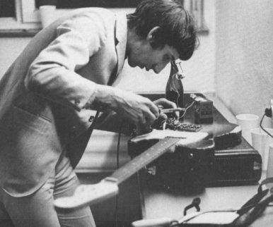 Ca. 1966, repairing a Fender Telecaster fitted with a Stratocaster neck.