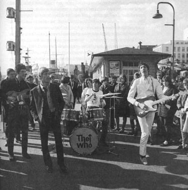 18 March 1966, promotional television appearance at Tower Pier, London, with sunburst Fender Telecaster with maple neck.